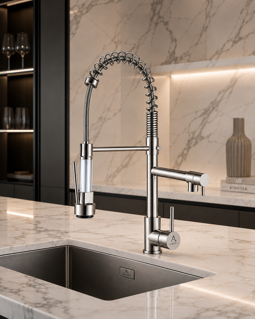 Rubinetto Cucina Ambreta® in Acciaio Inossidabile – Doppia Maniglia, Rotazione 360° e Doppio Spruzzo Professionale